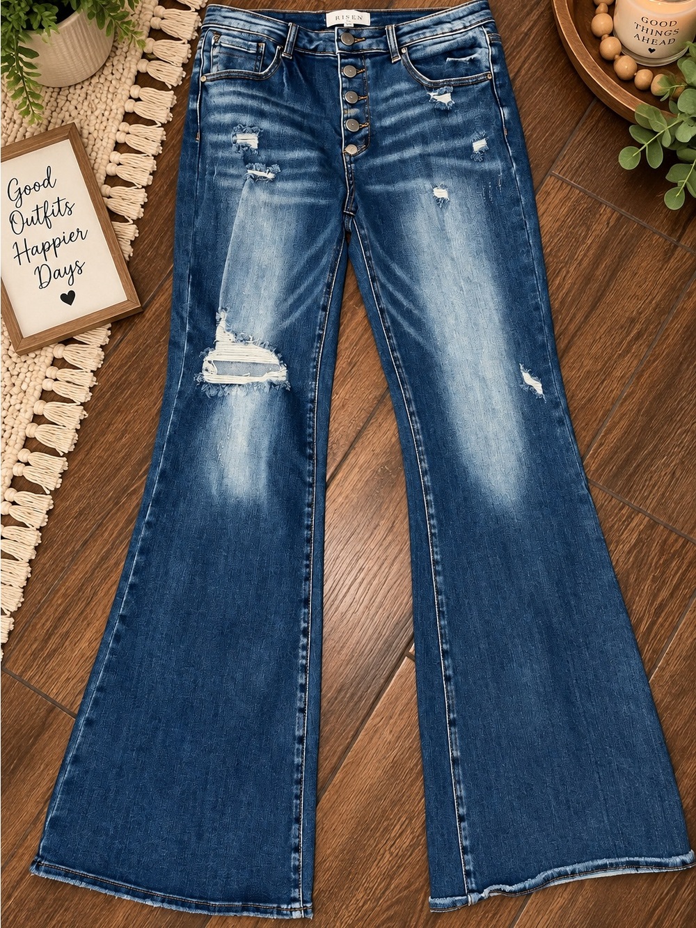Risen Size 29 High Rise Button Fly Distressed Flare Jeans